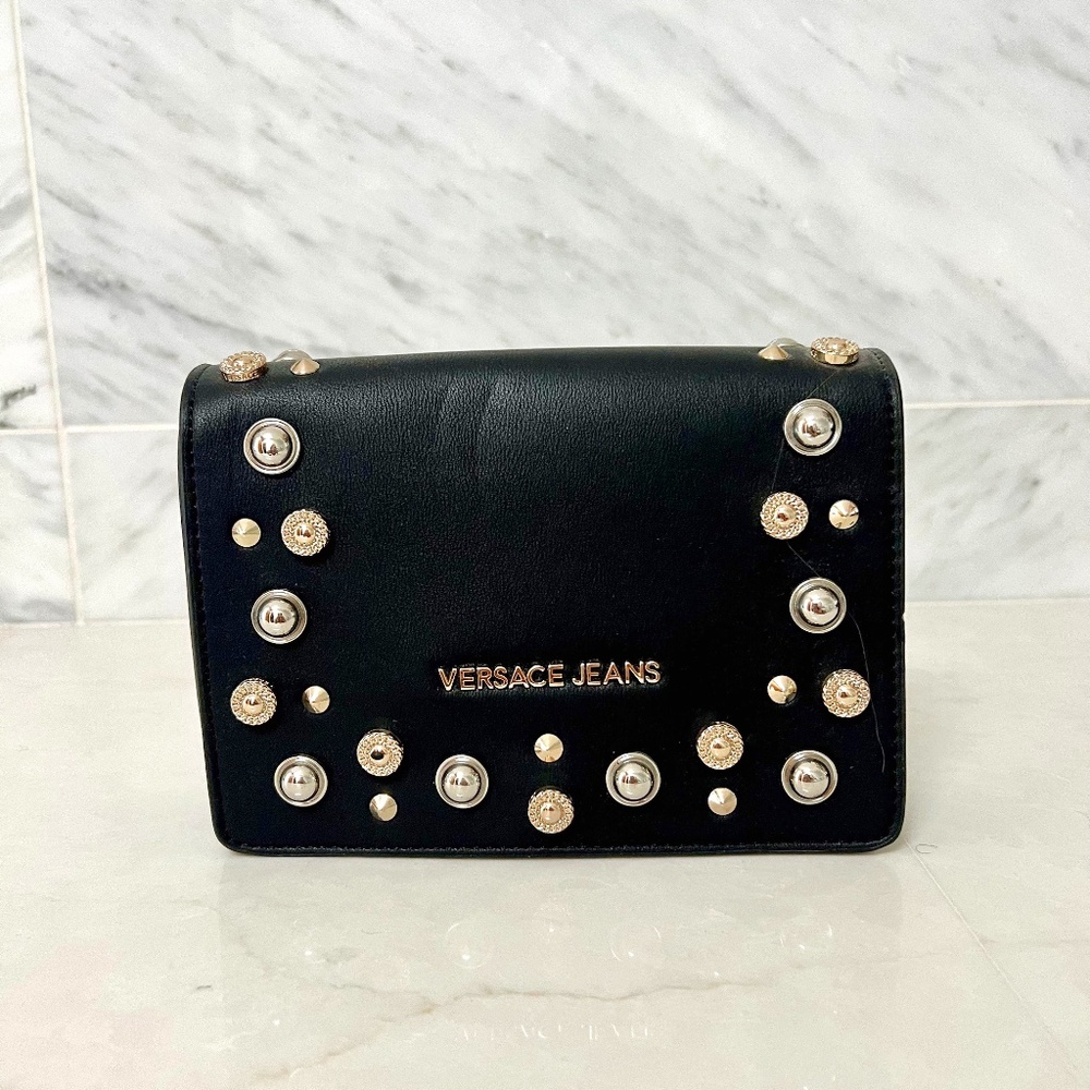Versace Jeans Small Black Studded Leather Shoulder/Crossbody Bag